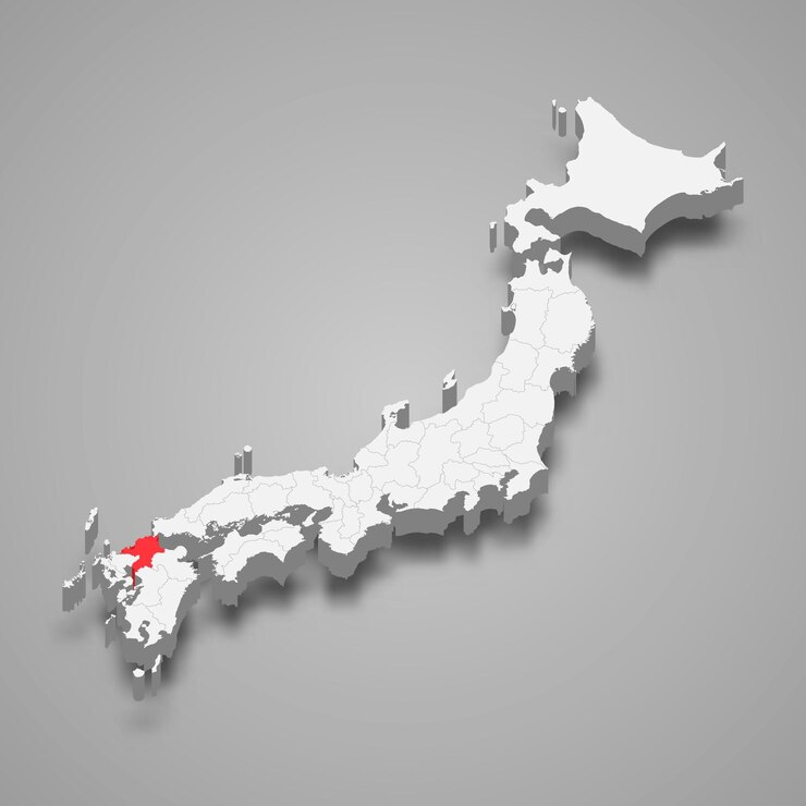 Vettore posizione della regione di fukuoka all'interno della mappa 3d del giappone