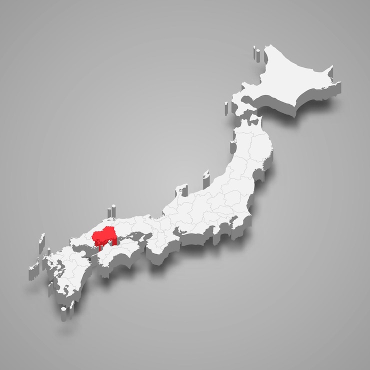 Vettore posizione della regione di hiroshima all'interno della mappa 3d del giappone