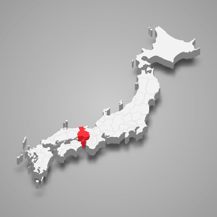 Vettore posizione della regione di hyogo all'interno della mappa 3d del giappone