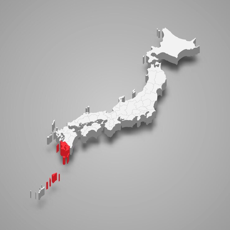 Vettore posizione della regione di kagoshima all'interno della mappa 3d del giappone