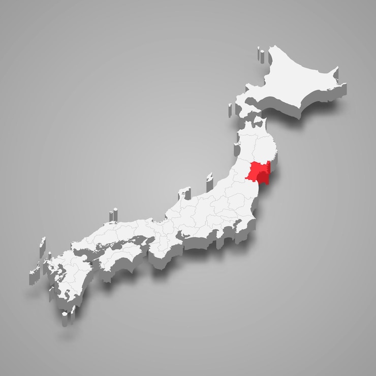 Vettore posizione della regione di miyagi all'interno della mappa 3d del giappone