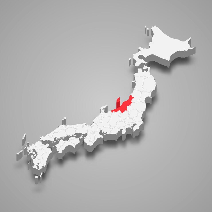Vettore posizione della regione di niigata all'interno della mappa 3d del giappone