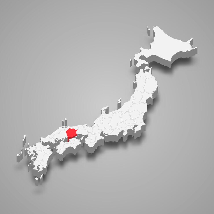 Vettore posizione della regione di okayama all'interno della mappa 3d del giappone