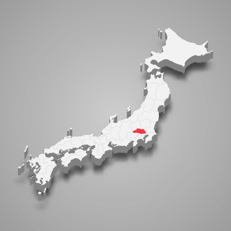 Vettore posizione della regione di saitama all'interno della mappa 3d del giappone