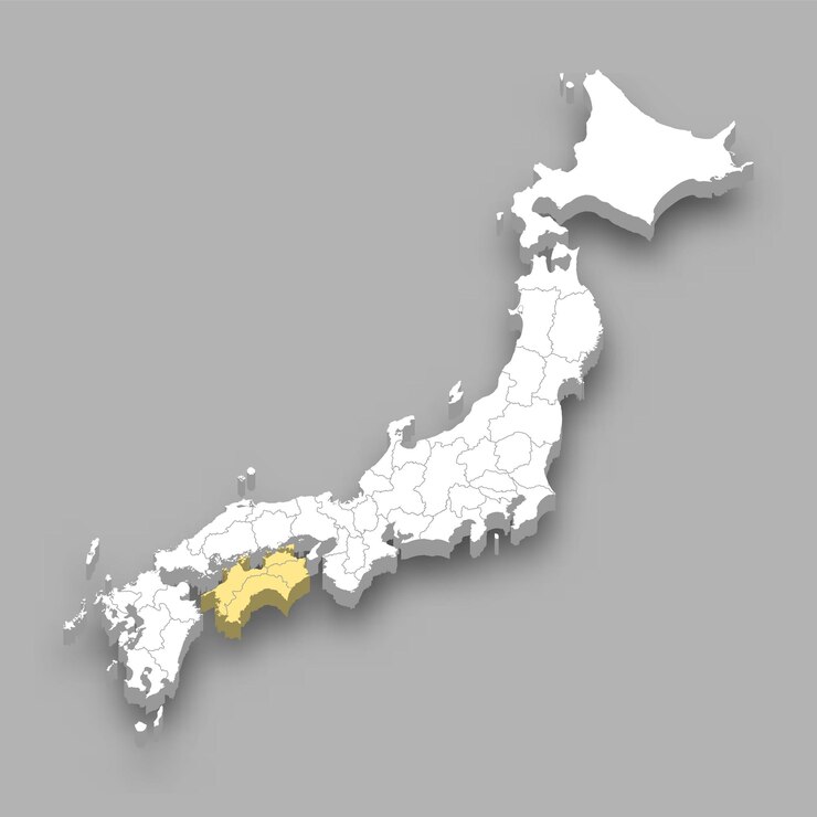Vettore posizione della regione di shikoku all'interno della mappa del giappone