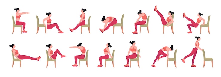 Vettore posizioni yoga della sedia set di esercizi di stretching della sedia