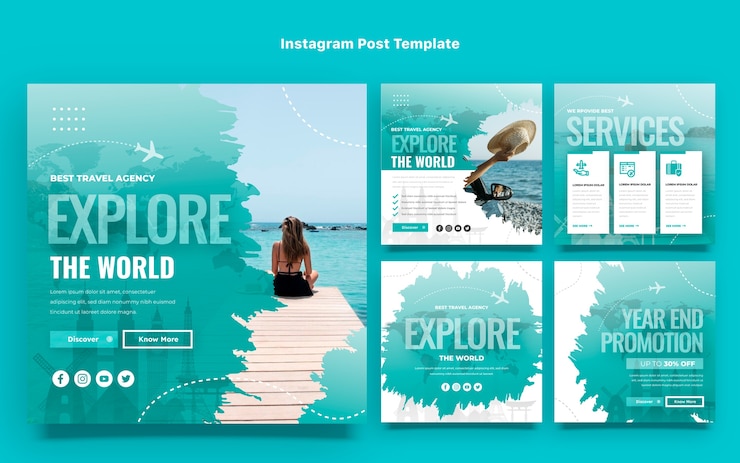 Vettore post di instagram dell'agenzia di viaggi con texture sfumate