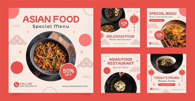 Post di instagram di cibo asiatico dal design piatto