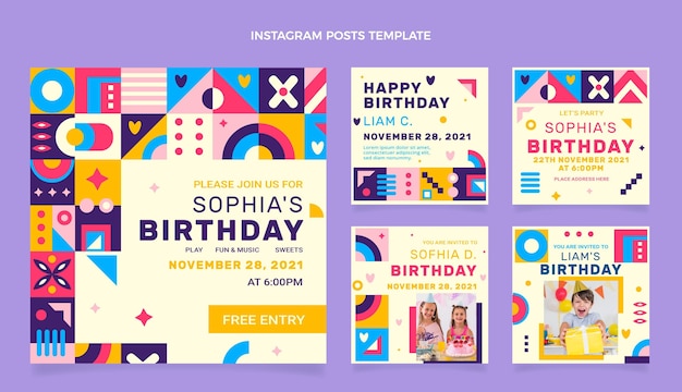 Post di instagram di compleanno a mosaico in stile piatto