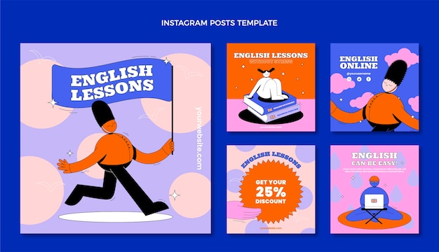 Post di instagram di lezioni di inglese design piatto disegnato a mano