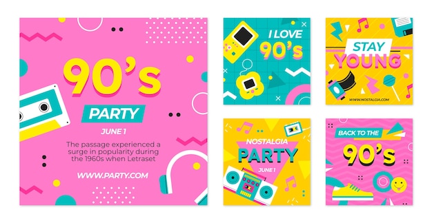 Post di instagram per feste anni '90 dal design piatto