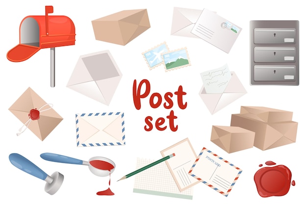 Post elementi isolati impostati in design piatto Fascio di cassetta postale pacco scatola di cartone lettera buste aperte e chiuse sigillo di cera e timbro matita corrispondenza di posta e altro Illustrazione vettoriale