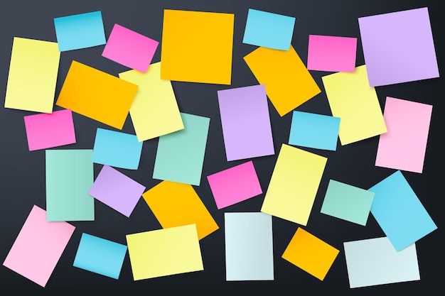 Post-it disegno vettoriale multicolore su sfondo scuro Adesivi di carta bianca realistici di diverse dimensioni e forme È possibile utilizzare per il layout delle presentazioni prendere appunti messaggio o dichiarare gli autori