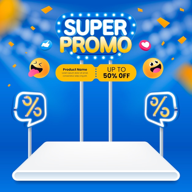 Post per i social media di super promozione promo offerta sconto con display prodotto luci al neon