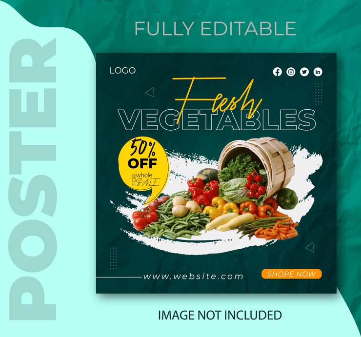 Post sui social media di vendita di generi alimentari di verdure fresche o modello di banner web quadrato Vettore premium