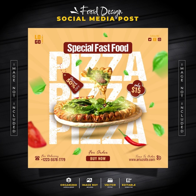 Post sui social media e modello di banner per la promozione di pizze italiane speciali