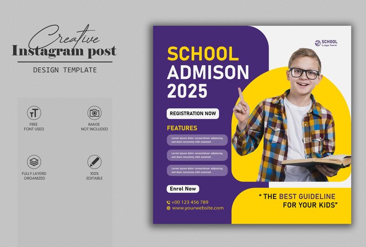 Vettore post sui social media per l'ammissione alla scuola e design del modello di post su instagram