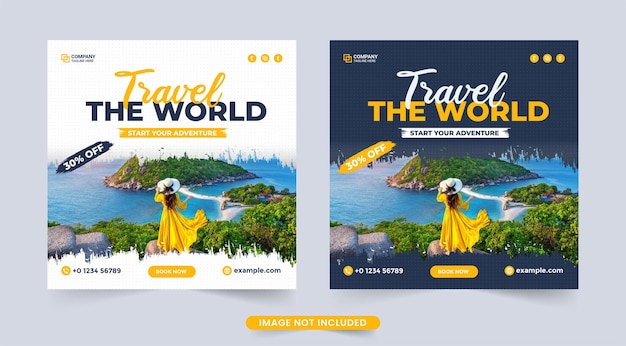 Post sui social media per tour e viaggi Vettore banner pubblicitario per agenzie di viaggio Design di volantini per pianificatore di vacanze e avventure Modello di banner per tour e viaggi per elementi pubblicitari sui social media