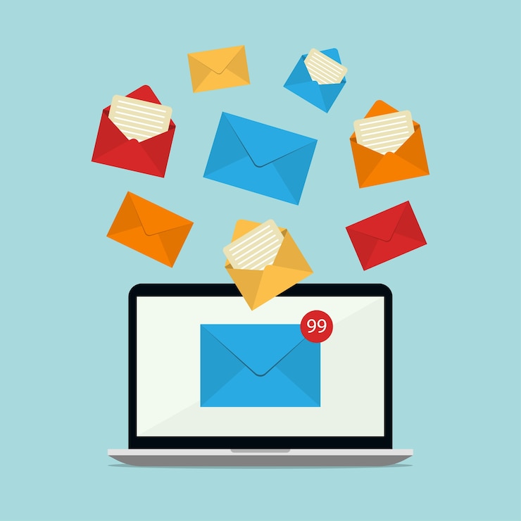 Vettore posta con nuova notifica e-mail sul design dell'illuminazione del laptop.