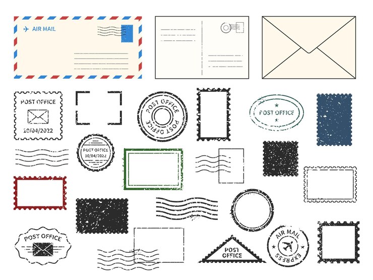 Postale con busta di francobolli Diversi tipi di lettere e cartoline Timbri postali ed etichette di consegna Texture grunge vintage Impronte di sigilli per corrispondenza Set di elementi per ufficio posta vettoriale