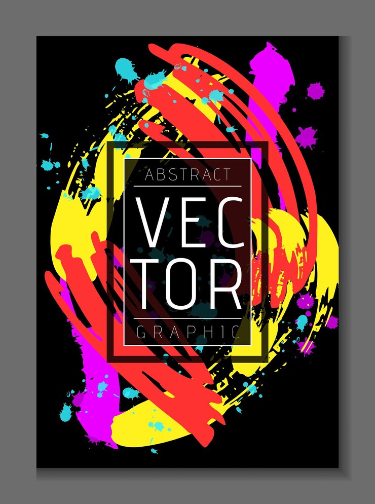 Vettore poster astratto gocce e macchie di vernice a pennello colorate pennelle luminose cornice per il design banner verticale spazio di copia per il testo illustrazione vettoriale di volantino o brochure contemporaneo minimo