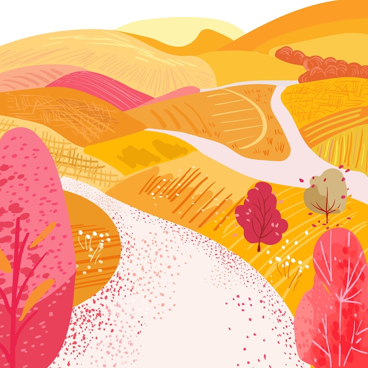 Vettore poster autunnale con sentieri e campi gialli su una collina, illustrazione vettoriale disegnata a mano