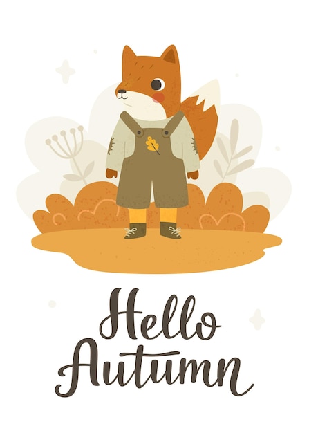 Poster autunnale con simpatica volpe. Accogliente biglietto autunnale con una piccola volpe vestita e scritte calligrafiche