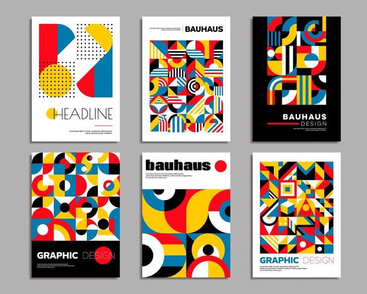 Vettore poster bauhaus modelli di sfondo astratti geometrici progettazione di pagine di presentazione aziendale layout vettoriale poster promozionale di eventi o documento di identità aziendale con sfondo geometrico bauhaus