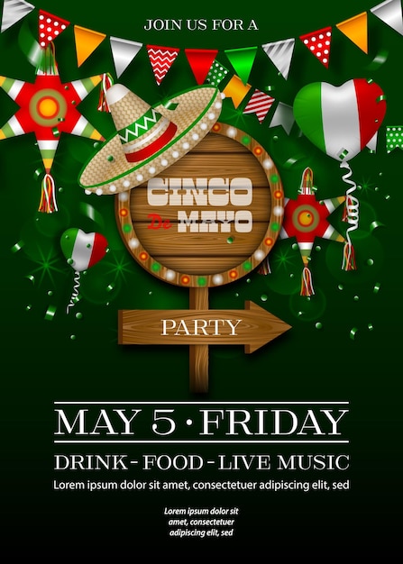 poster cinco de mayo con cartello in legno e volantino festa messicana sombrero con palloncini