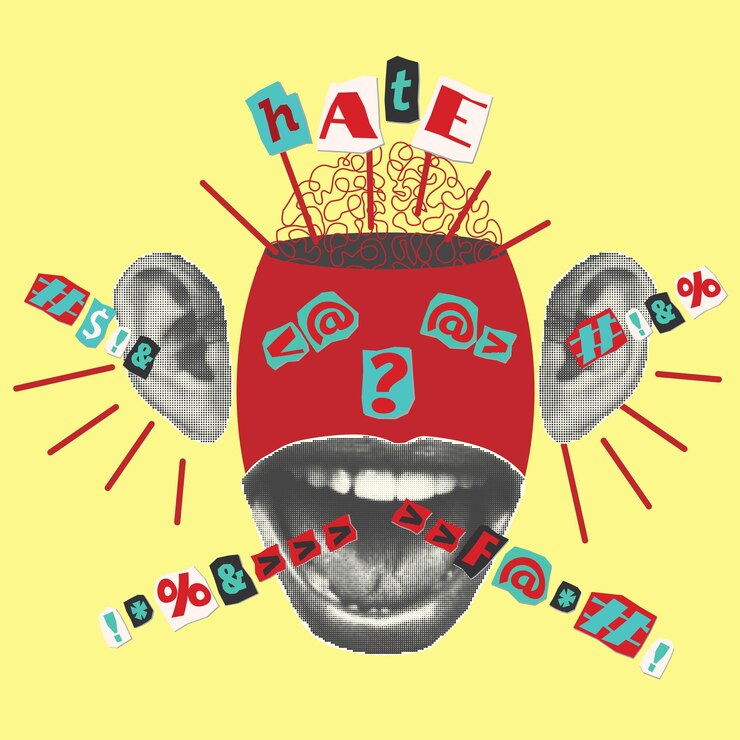 Vettore poster collage stile mezzitoni di tendenza scream odio concetto di notizie false bocca aperta denti labbra e testo ritagliato punk y2k ritagli di riviste retrò su sfondo giallo illustrazione vettoriale