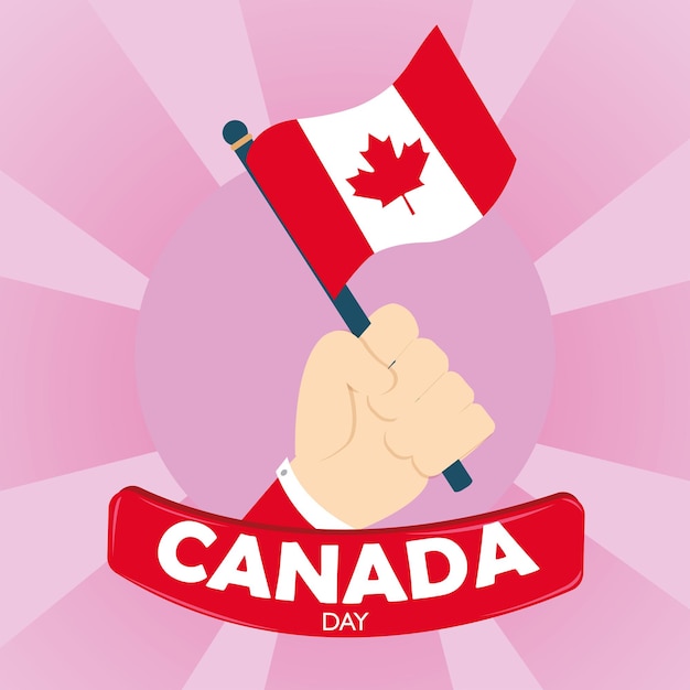 Poster colorato della giornata del Canada con la bandiera del Canada in mano Illustrazione vettoriale