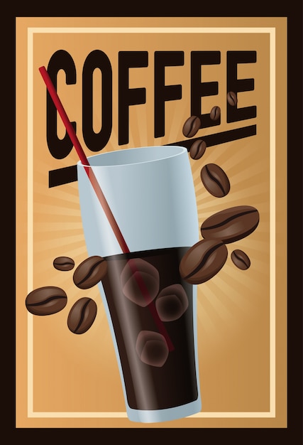 poster colore caffè con bagliore lineare e tazza di vetro di caffè e fagioli ghiacciati