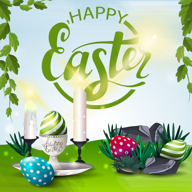 Poster con auguri di buona Pasqua con uova di Pasqua e candele