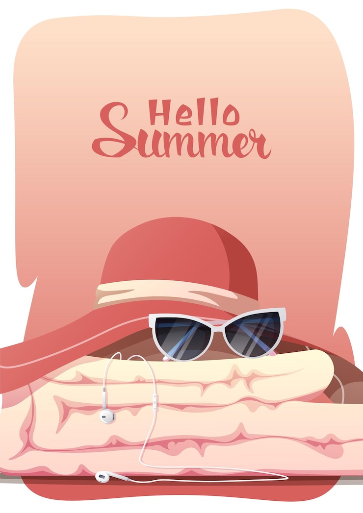 Vettore poster con cappello da spiaggia e accessori estivi estate ciao occhiali da sole estivi asciugamano cartolina bann