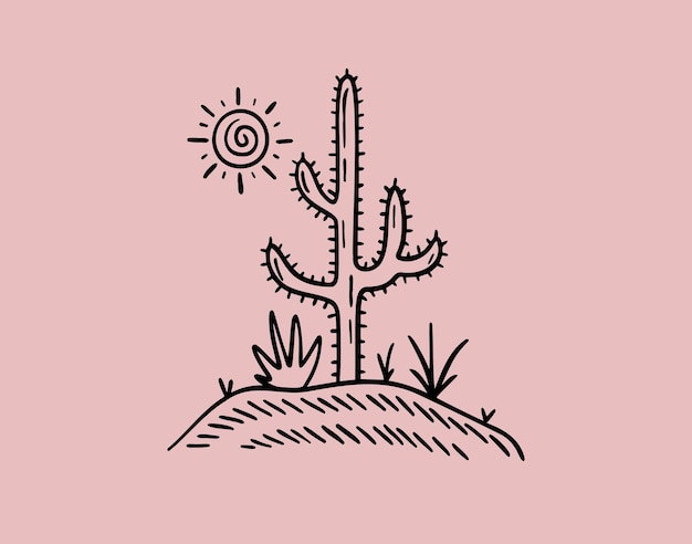 Poster con contorni di cartoni animati di cactus concetto di arte popolare boho doodle cultura poster armonia e vettore zen