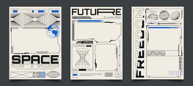 Poster con elementi HUD e cornici vuote Banner cyberpunk astratto con figure 3D wireframe