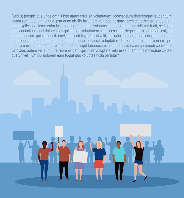 poster con folla di persone che protestano sul paesaggio della città