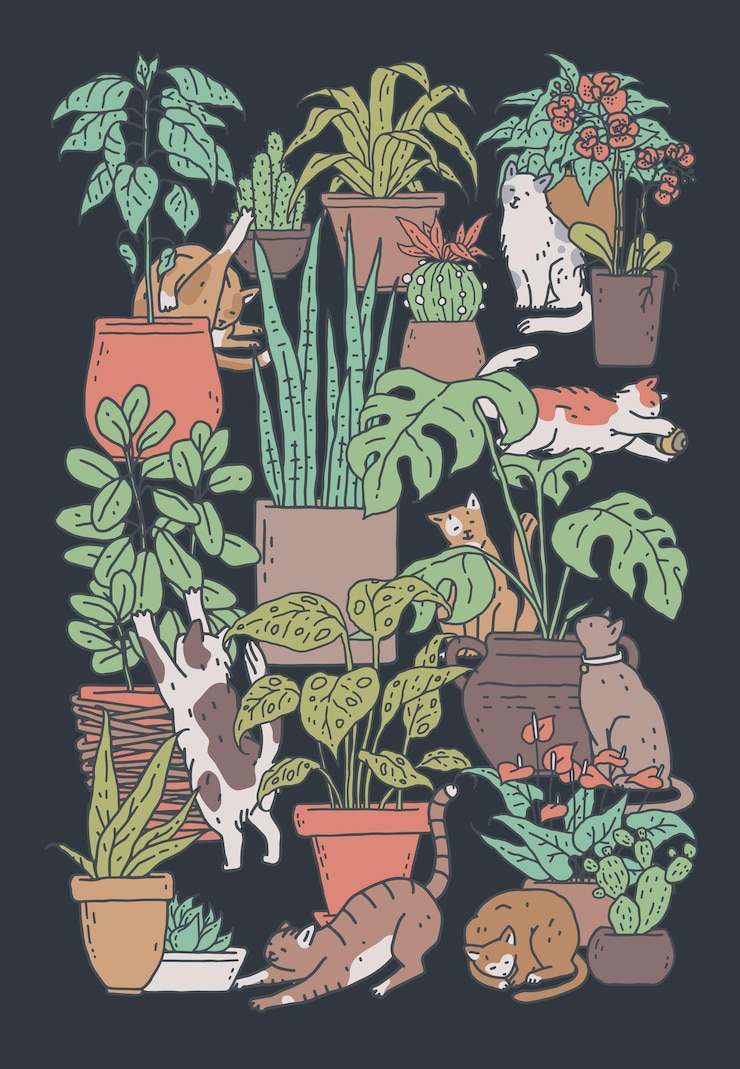Vettore poster con gatti e piante d'appartamento. piante in vaso da giardino al coperto e simpatici animali domestici su sfondo nero. banner di design con illustrazione di doodle di contorno vettoriale.