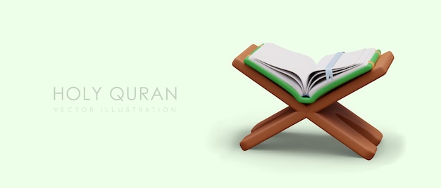 Poster con il Corano realistico su uno speciale supporto di legno Religione libro aperto su sfondo verde