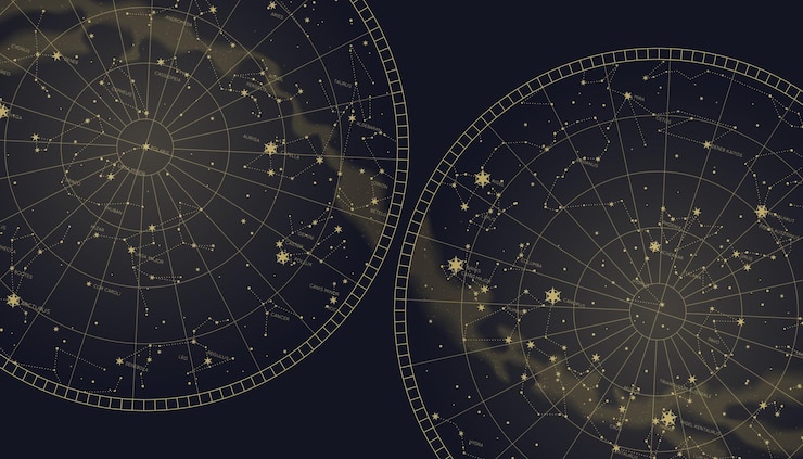 Vettore poster con mappa delle costellazioni del sud e del nord