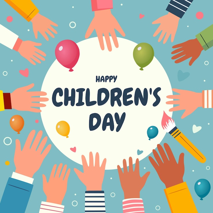 Poster con molte mani di bambini e palloncini colorati per celebrare la Giornata Mondiale dell'Infanzia