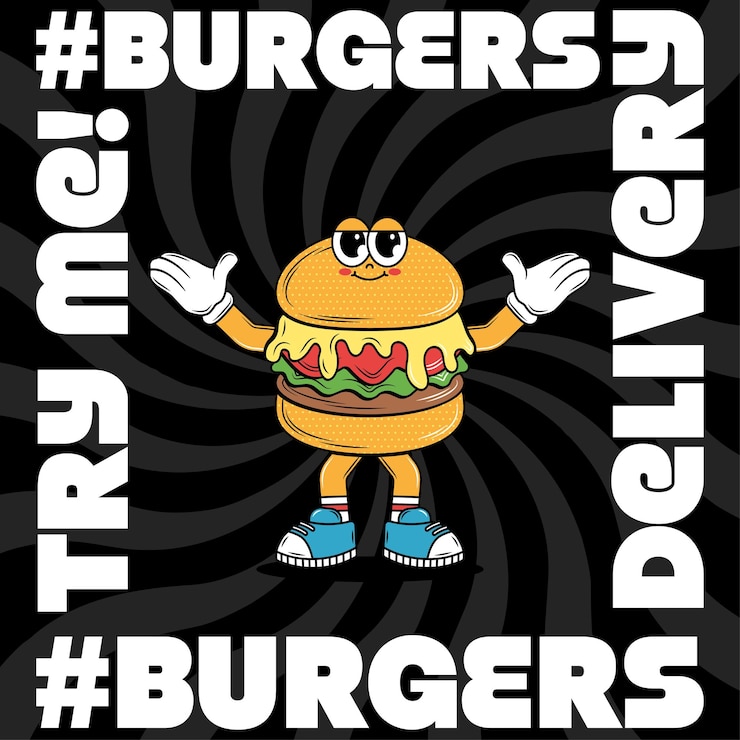 Vettore poster con personaggi di cartoni animati funky burgers in stile groovy carta retrò per il servizio di consegna