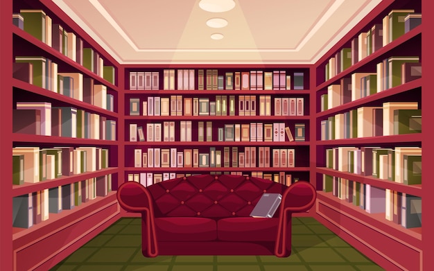 Poster con sala biblioteca e immagine vettoriale scaffali
