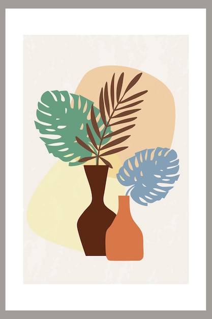Poster con una composizione astratta di forme semplici con foglie di palma tropicale in un vaso