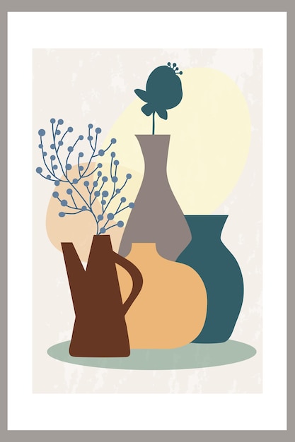 Poster da parete con una composizione astratta di forme semplici e piante frondose in un vaso