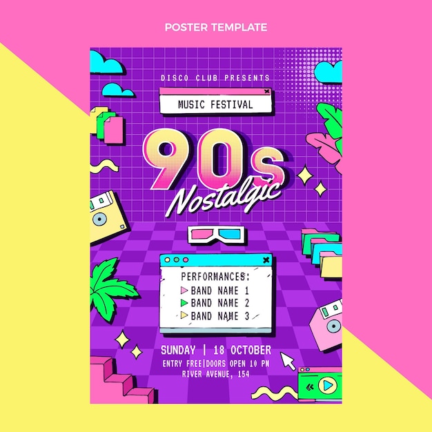 Poster del festival musicale nostalgico anni '90 disegnato a mano