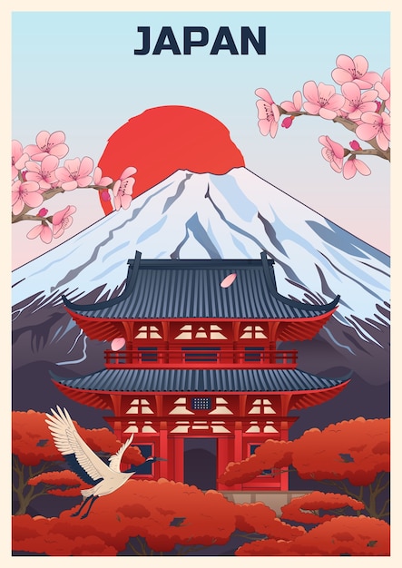 Poster del Giappone: il monte Fuji, la pagoda e i fiori di ciliegio