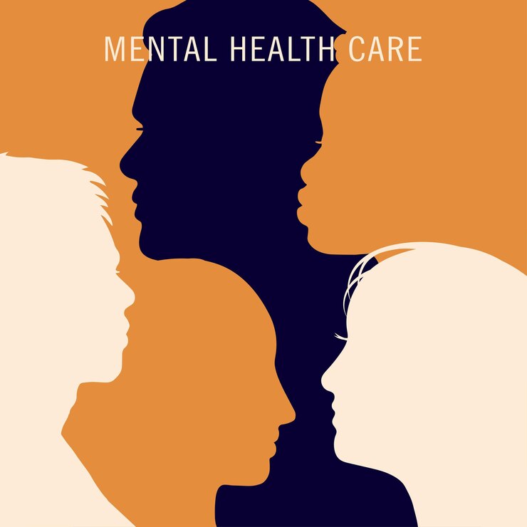 Poster del mese di sensibilizzazione sulla salute mentale con persone diverse Illustrazione della psicologia dell'assistenza sanitaria mentale