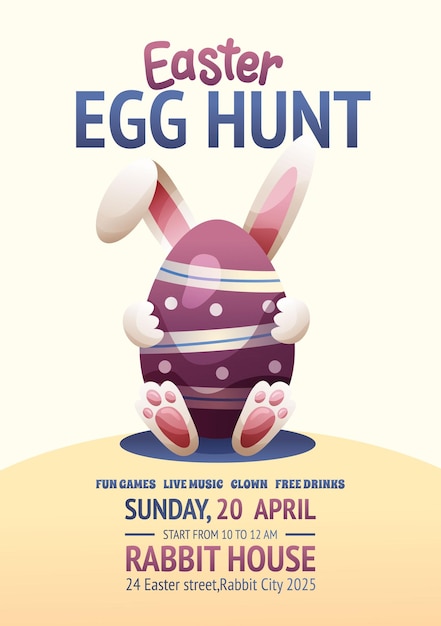 Poster della caccia alle uova di Pasqua con il coniglietto nascosto dietro il gradiente delle uova