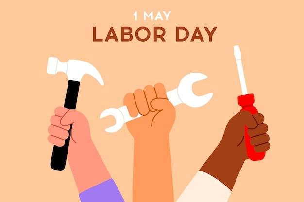 Poster della Festa del Lavoro con lavoratori con le mani che tengono gli attrezzi